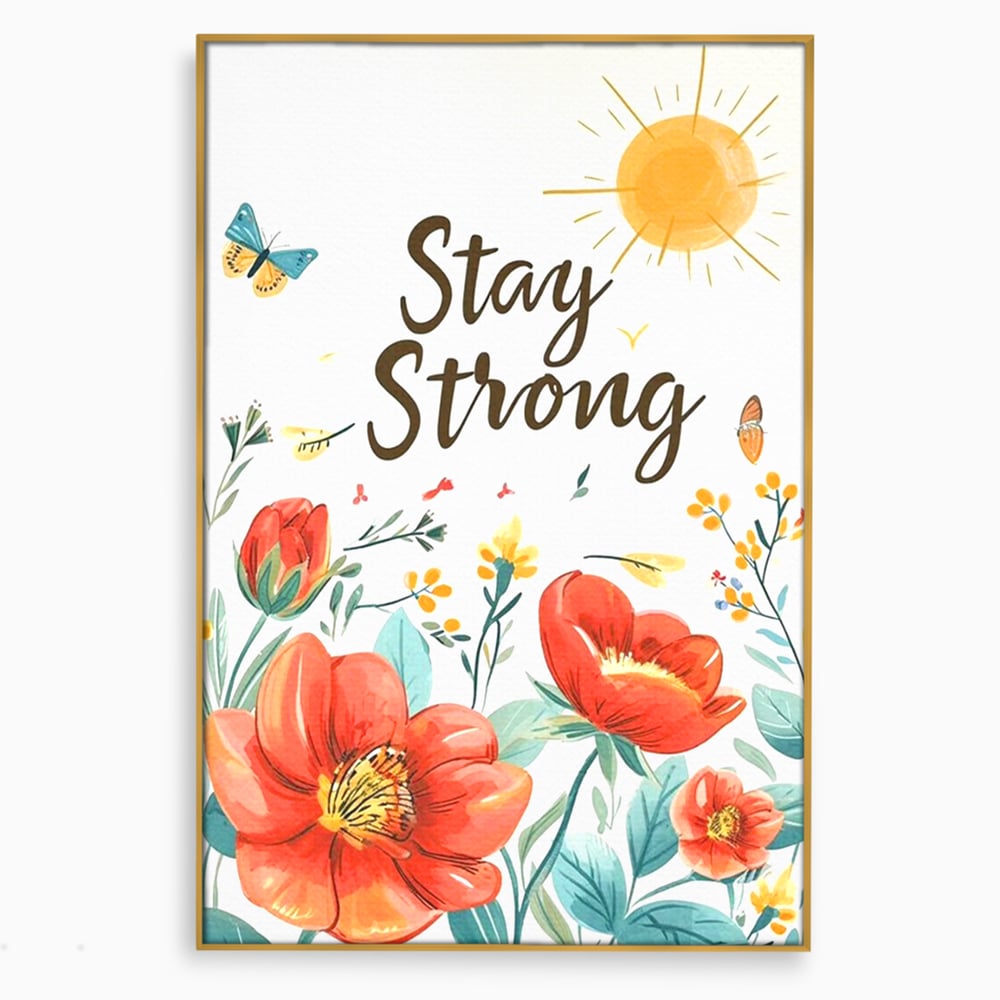Tablou canvas cu tablou motivational cu flori si soare, in rama de aluminiu auriu